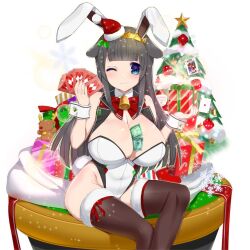1girl animal_ears black_hair blue_eyes box breasts brown_thighhighs card casino christmas_tree cow cow_girl cow_horns gift gift_box holding holding_card horns kusaka_souji large_breasts leotard long_hair miru_holstein playboy_bunny playing_card rabbit_ears thighhighs uchi_no_hime-sama_ga_ichiban_kawaii
