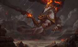 Rule 34 | absurdres, armor, ashen lord aurelion sol, aurelion sol (league of legends), claws, colored skin, dragon, eastern dragon, evan monteiro, fire, flying, glowing, glowing cracks, glowing eyes, grey skin, highres, horns, house, league of legends, looking to the side, meteor, night, official alternate costume, plain, scales, smoke, thatched roof, wide shot