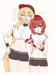 Rule 34 | 2girls, ^ ^, ange katrina, ayuko ammobium, baseball cap, blonde hair, blue eyes, blush, breasts, brown hat, brown shorts, closed eyes, commentary request, cowboy shot, fang, flame print, flat chest, flying sweatdrops, groin, hair between eyes, hair intakes, hair ornament, hair over shoulder, hand on another&#039;s shoulder, hand on own hip, hand up, hat, height difference, highres, large breasts, long bangs, long hair, looking at viewer, medium hair, multiple girls, navel, nijisanji, notice lines, nui sociere, official alternate costume, open mouth, print shirt, red hair, red hat, shirt, short shorts, shorts, side-by-side, skin fang, sleeveless, sleeveless shirt, smile, star (symbol), stomach, sweat, tied shirt, triangle hair ornament, v, very long hair, virtual youtuber, white background, white shirt, wristband
