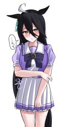 1girl absurdres ahoge animal_ears black_hair blush commentary_request ear_tag hair_between_eyes highres horse_ears horse_girl horse_tail long_hair_between_eyes manhattan_cafe_(umamusume) multicolored_hair pleated_skirt purple_shirt school_uniform shirt simple_background skirt slcunix solo speech_bubble sweat tail tracen_school_uniform translation_request two-tone_hair umamusume white_background white_hair white_skirt yellow_eyes