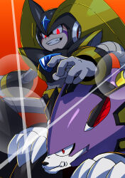 Rule 34 | 1boy, android, animal, armor, bass (mega man), black armor, black helmet, chest jewel, clenched teeth, dog, evil grin, evil smile, facial hair, facial mark, forehead jewel, gloves, gradient background, grin, helmet, highres, hiyoko ai, looking at viewer, male focus, mega man (classic), mega man (series), non-humanoid robot, red eyes, robot, robot animal, robot dog, shoulder armor, simple background, smile, sparkle, teeth, treble (mega man), white gloves
