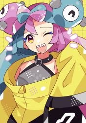 1girl ;d anidler91 black_jacket blue_hair bow-shaped_hair character_hair_ornament creatures_(company) furrowed_brow game_freak grid_background hair_ornament halterneck highres iono_(pokemon) jacket long_hair long_sleeves multicolored_eyes multicolored_hair multicolored_jacket nintendo no_sclera one_eye_closed open_mouth oversized_clothes pink_eyes pink_hair pokemon pokemon_sv sharp_teeth sleeves_past_fingers sleeves_past_wrists smile solo split-color_hair teeth two-tone_eyes two-tone_hair two-tone_jacket x yellow_background yellow_eyes yellow_jacket