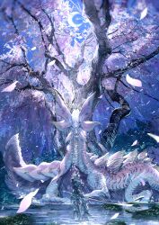 1girl absurdres armor cherry_blossoms crescent_moon falling_petals fins head_fins highres holding holding_sword holding_weapon katana mizutsune monster monster_focus monster_hunter_(character) monster_hunter_(series) moon night petals pink_scales scales sword touro tree water weapon