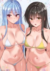 2girls absurdres artist_name bikini black_hair blue_hair blush breasts brown_eyes cleavage collarbone commentary_request crossover dolphin_wave highres kenja_panda kotegawa_yui large_breasts long_hair looking_at_viewer micro_bikini multiple_girls navel nayuki_hiori open_mouth parted_lips red_eyes sidelocks standing stomach swimsuit teeth thighs to_love-ru tongue twitter_username upper_teeth_only voice_actor_connection watermark white_bikini yellow_bikini