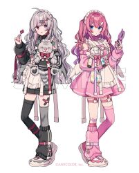 2girls alternate_costume amagi_hana apron asymmetrical_legwear bandaid bandaid_on_knee bandaid_on_leg black_dress black_thighhighs blue_eyes blush candy cellphone closed_mouth commentary_request copyright_notice dress enmaided flip_phone food frilled_apron frills full_body grey_hair grey_thighhighs hair_ornament hairclip heterochromia holding holding_candy holding_food holding_lollipop holding_phone holding_stuffed_toy ishigami_nozomi kneehighs kuramochi_meruto lollipop long_hair long_sleeves looking_at_viewer maid mismatched_legwear multiple_girls nijisanji official_art parallel_hairclips phone pink_dress pink_hair pink_socks pink_thighhighs red_eyes sample_watermark shoes simple_background single_kneehigh single_leg_warmer single_sock single_thighhigh smile socks standing stuffed_animal stuffed_tiger stuffed_toy teddy_bear thigh_strap thighhighs tongue tongue_out two_side_up uneven_legwear virtual_youtuber watermark white_apron white_background white_shoes wing_hair_ornament yellow_eyes