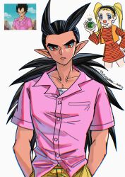 1boy 1girl :d black_hair black_hairband blonde_hair blue_eyes bulma bulma_(cosplay) chinese_commentary chromatic_aberration collarbone cosplay creator_connection dark-skinned_male dark_skin dragon_ball dragon_quest dragon_quest_builders_2 dragon_radar dragonball_z dress earrings female_builder_(dqb2) hair_horns hair_pulled_back hairband hands_in_pockets highres hoop_earrings horizontal-striped_dress jewelry looking_at_viewer low_ponytail mouyi open_mouth orange_vest pants pink_shirt pointy_ears ponytail red_dress red_eyes shirt sidoh_(dqb2) sketch smile spiked_hair striped_clothes striped_dress stud_earrings twintails vegeta vegeta_(cosplay) vest white_background yellow_pants