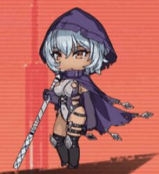 1girl animated animated_gif aqua_hair bare_shoulders boots bouncing_breasts breasts cape cloak copyright_name covered_navel curvy full_body gloves hair_ornament highleg highleg_leotard holding holding_weapon hood hooded_coat impossible_clothes impossible_leotard kurotani_kai large_breasts leotard lilith-soft lips looking_ahead multicolored_leotard polearm revealing_clothes shiny_clothes shiny_skin simple_background solo taimanin_(series) taimanin_rpgx thong_leotard two-tone_leotard weapon wide_hips wind yellow_eyes