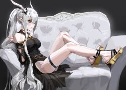 a_tea arknights arms_behind_back bare_shoulders bdsm black_dress bondage bound breasts brown_eyes couch crotch_rope dress flip-flops grey_hair hair_over_one_eye highres horns large_breasts long_hair looking_at_viewer on_couch one_eye_covered pointy_ears ponytail sandals shibari shibari_over_clothes shining_(arknights) shining_(silent_night)_(arknights) sidelocks sitting skindentation thigh_strap very_long_hair