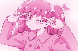 1girl bow closed_mouth coat commentary double_v hair_bow kanie_(precure) kazuma_muramasa long_hair long_sleeves looking_at_viewer monochrome one_eye_closed pink_theme precure smile solo twintails v v_over_eye winter_clothes winter_coat wonderful_precure!