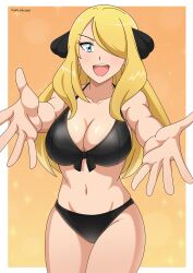 1girl :d absurdres alexkonakona alternate_eye_color arms_up bikini black_bikini blonde_hair blue_eyes border breasts cleavage collarbone cynthia_(pokemon) hair_ornament hair_over_one_eye highres large_breasts navel nintendo open_hands open_mouth outstretched_arms pokemon pokemon_dppt simple_background smile solo stomach swimsuit white_border