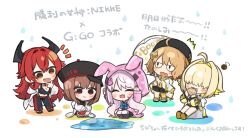 5girls :d ^^^ ^_^ ahoge alice_(nikke) animal_ears animal_hood anis_(nikke) arms_up beret black_hat black_panties black_pants black_shirt black_shorts black_skirt black_socks blonde_hair blue_bow blush_stickers bow breasts brown_eyes brown_hair character_request chibi cleavage closed_eyes closed_mouth commentary_request eighth_note elegg_(nikke) faceless faceless_female fake_animal_ears goddess_of_victory:_nikke hair_intakes hair_over_eyes hat holding holding_umbrella hood hood_up hooded_jacket horns jacket long_sleeves medium_breasts multicolored_hair multiple_girls musical_note navel open_mouth panties pants pink_jacket pleated_skirt puddle rabbit_hood rabbit_pose rapi_(nikke) red_eyes red_hair red_hood_(nikke) shirt shoe_soles shorts simple_background sitting skirt sleeves_past_wrists smile socks squatting standing totatokeke translation_request two-tone_hair umbrella underwear water_drop white_background white_jacket white_umbrella