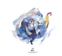 Rule 34 | 1girl, apron, black boots, black hat, blue hair, blue skirt, boots, bow, bowtie, closed mouth, collared shirt, english text, frills, hair between eyes, hat, hat ornament, highres, hinanawi tenshi, holding, holding sword, holding weapon, leaf hat ornament, long hair, looking at viewer, looking up, peach hat ornament, puffy short sleeves, puffy sleeves, purple eyes, red bow, red bowtie, reeh (yukuri130), shirt, short sleeves, skirt, smile, solo, sword, touhou, touhou hisoutensoku, weapon, white apron, white shirt