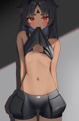 1girl absurdres arms_behind_back bare_shoulders black_bra black_hair black_shorts blush bra breasts clothes_in_mouth collarbone commentary cowboy_shot dark-skinned_female dark_skin english_commentary gradient_background highres long_hair looking_at_viewer mouth_hold navel nekomiya_mana red_eyes shirt_in_mouth shorts slit_pupils small_breasts solo stomach thomas_8000 underwear zenless_zone_zero