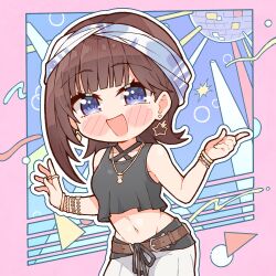 1girl bare_shoulders black_shirt blue_background blue_eyes border brown_hair chibi cowboy_shot cropped_shirt disco_ball earrings highres hololive jewelry kukie-nyan navel open_mouth pants pink_border shirt sleeveless sleeveless_shirt solo star_(symbol) star_earrings tokino_sora virtual_youtuber white_pants