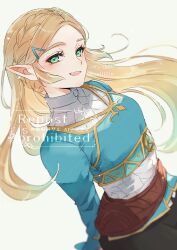 1girl arms_behind_back artist_name black_pants blonde_hair blue_shirt braid commentary crown_braid green_eyes hair_ornament hairclip long_hair looking_at_viewer nintendo open_mouth pants pointy_ears princess_zelda seri_(yuukasakura) shirt sidelocks simple_background solo the_legend_of_zelda the_legend_of_zelda:_breath_of_the_wild white_background