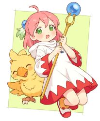1girl ahoge blush chocobo commentary copyright_request dress final_fantasy green_eyes holding holding_staff hood looking_at_viewer onyhakase open_mouth pink_hair shirma short_hair smile solo staff white_dress