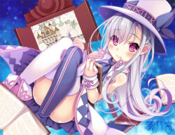 1girl artist_name ass bare_shoulders black_thighhighs book emil_chronicle_online hat kamishibai kamishibaiya_iris looking_at_viewer purple_eyes smile squatting thighhighs white_hair white_hat white_thighhighs yumemiya_subaru