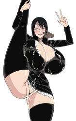 1girl absurdres black_jacket blue_eyes boots breasts bukkake collared_shirt crying crying_with_eyes_open cum cum_in_mouth cum_in_pussy cum_on_body cum_on_breasts cum_on_clothes cum_on_upper_body disembodied_hand finger_in_another&#039;s_mouth highres huge_breasts jacket leather leather_jacket leg_up long_hair looking_at_viewer nico_robin nico_robin_(water_7) one_piece shirt sihkygmojsn smile tears thigh_boots v white_background