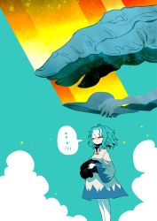 ... 1girl blue_background blue_hair closed_eyes cloud commentary_request dress feet_out_of_frame hasshaku-sama hat holding holding_unworn_clothes holding_unworn_hat japanese_urban_legends kumoi_ichirin long_sleeves medium_hair smile spoken_ellipsis touhou unworn_hat unworn_headwear unzan white_dress wide_sleeves yt_(wai-tei)