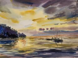 2boys akemisuisai boat cloud cloudy_sky day dusk evening highres horizon multiple_boys ocean original painting_(medium) purple_sky scenery shore sky sunset traditional_media tree twilight water watercolor_(medium) watercraft yellow_sky