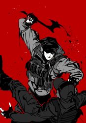 2boys arm_up axe black_hat black_pants black_shirt blood bulletproof_vest closed_mouth fingerless_gloves gloves greyscale_with_colored_background hallot hand_on_another&#039;s_head hat hatchet_(axe) headset highres hood hood_down hooded_jacket jacket long_sleeves looking_at_another male_focus multiple_boys one_eye_covered original pants people red_background serious shirt simple_background sketch solo_focus tactical_clothes tobias_(hallot) vest violence
