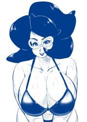 1girl bare_arms bare_shoulders big_hair bikini blush breasts cleavage collarbone female_focus game_freak glasses highres huge_breasts leaning_forward lips looking_at_viewer monochrome nintendo parted_lips pokemon pokemon_sm short_hair simple_background sketch solo speeds swimsuit upper_body white_background wicke_(pokemon)