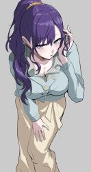 1girl asahina_mafuyu blue_eyes blue_shirt breasts cleavage feet_out_of_frame grey_background hand_up highres large_breasts leaning_forward long_hair long_sleeves looking_at_viewer parted_lips ponytail project_sekai purple_eyes purple_hair scrunchie shiroinu_(shiroinu_283p) shirt simple_background skirt solo