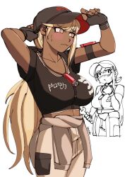 1girl arms_up baseball_cap black_shirt blonde_hair breasts closed_mouth collarbone crop_top dark-skinned_female dark_skin female_focus fingerless_gloves fingernails gloves hat highres holding holding_wrench jewelry kawana_tsubasa large_breasts long_hair matching_hair/eyes necklace pants ponytail shirt simple_background solo solo_focus sweat sweatdrop the_hundred_line_-last_defense_academy- white_background white_pants wrench yellow_eyes