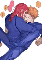 2boys back blue_lock blue_pants blue_shirt chigiri_hyoma fingernails hand_on_another&#039;s_face highres kunigami_rensuke long_hair long_sleeves looking_at_another male_focus multiple_boys orange_eyes orange_hair pants pink_eyes red_hair shirt short_hair simple_background sitting sitting_on_person speech_bubble teeth translation_request volatile_dog white_background yaoi