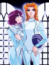 1990s_(style) 2girls arisugawa_juri blue_eyes curly_hair fencing_suit hand_on_own_hip helmet holding holding_helmet long_hair looking_at_another looking_at_viewer multiple_girls non-web_source orange_hair purple_eyes retro_artstyle short_hair shoujo_kakumei_utena smile takatsuki_shiori