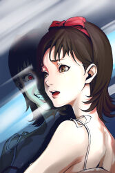Rule 34 | 2girls, bow, brown eyes, brown hair, commentary request, dark persona, different reflection, dual persona, eyelashes, grin, hair bow, highres, kirigoe mima, macossa, medium hair, multiple girls, open mouth, perfect blue, red bow, reflection, smile, wide-eyed