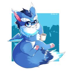 1other adjusting_eyewear arkana_(dragon_village) blue_background blue_gemstone blue_wings chibikemo cup dragon dragon_village_(series) dragon_village_m feathered_wings full_body furry gem glasses highres holding holding_cup mug neck_fur nem_mo round_eyewear wings