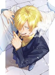1boy animal black_shirt blonde_hair cigarette collared_shirt commentary_request curly_eyebrows facial_hair fish food from_above goatee gunjo_shizuko hair_over_one_eye highres holding holding_animal holding_cigarette holding_fish holding_food male_focus mustache one_piece open_mouth sanji_(one_piece) shirt smile smoke solo twitter_username yellow_shirt