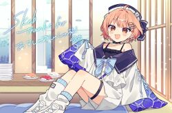 1girl :d ahoge bare_shoulders black_choker blue_bow blue_bowtie blush borrowed_character bow bowtie choker commentary commission earrings fang feet_out_of_frame food hair_ornament hairclip hand_up hat highres indoors jewelry knees_up long_sleeves looking_at_viewer notamaru_2 off_shoulder open_mouth orange_eyes orange_hair original plate shirt shoes short_hair shorts signature sitting skeb_commission skin_fang sleeves_past_fingers sleeves_past_wrists smile sneakers socks solo sushi white_hat white_shirt white_shoes white_shorts white_socks