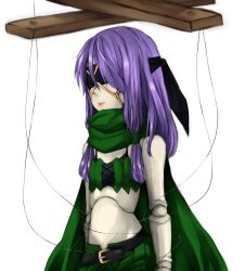 Rule 34 | 1girl, belt, black belt, blindfold, bra strap, closed mouth, commentary request, cowboy shot, doll joints, expressionless, flat chest, green scarf, green shorts, green tube top, joints, long hair, marionette, meiko (nattu303), puppet, purple hair, ragnarok online, ranger (ragnarok online), scarf, shorts, simple background, solo, strapless, tube top, white background