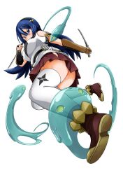 1girl armor blue_eyes blue_hair blush boots breasts brown_boots closed_mouth dual_wielding from_below futoku_no_guild glasses hair_ornament holding holding_weapon japanese_armor japanese_clothes kote large_breasts long_hair magyo monster ninja ninjatou pleated_skirt red_skirt restrained sheath short_sword simple_background skirt slime_(substance) solo sword thighhighs thighs tsurime v-shaped_eyebrows weapon white_background white_thighhighs zanzo_hatsudori
