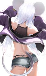 Rule 34 | 1girl, absurdres, animal ears, arms up, ass, back, bare shoulders, blue archive, crop top, denim, denim shorts, dimples of venus, ear tag, exposed pocket, extra ears, from behind, grey tail, highres, jacket, long hair, long sleeves, micro shorts, midriff, mouse ears, mouse girl, mouse tail, official alternate costume, official alternate hairstyle, open clothes, open jacket, puffy long sleeves, puffy sleeves, purple jacket, saya (blue archive), saya (casual) (blue archive), shorts, shuvi (shuvi1125), simple background, solo, tail, white background, white hair