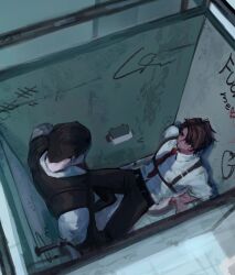 Rule 34 | 2boys, bathroom, belt, black eyes, black hair, black vest, brown hair, chanil (muexlku), chest belt, collared shirt, from above, full body, garter straps, gauntlets, graffiti, hair over one eye, hair slicked back, heathcliff (project moon), highres, imminent penetration, implied yaoi, lcb uniform (project moon), leaning back, limbus company, looking at another, meursault (project moon), multiple boys, necktie, on toilet, project moon, red necktie, scar, scar on arm, shirt, standing, suspenders, swept bangs, toilet, toilet paper, toilet stall, vest, white shirt