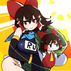 2girls absurdres black_eyes black_hair black_sleeves blush bow breasts brown_hair closed_mouth commentary_request cookie_(touhou) cowboy_shot detached_sleeves dress frilled_hair_tubes frills frown gram_9 hair_between_eyes hair_bow hair_tubes hakurei_reimu highres large_breasts long_bangs looking_afar looking_at_viewer medium_hair mini_person minigirl multiple_girls name_tag necktie red_bow red_dress red_eyes reu_(cookie) sakenomi_(cookie) school_swimsuit short_hair sidelocks swimsuit touhou v-shaped_eyebrows white_sleeves yellow_background yellow_necktie