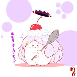 ahoge blue_archive blush cherry chibi closed_eyes closed_mouth colored_shadow food food_on_head fruit grey_hair hair_ornament hairclip halo heart highres hina_(blue_archive) holding holding_spoon kurukurumagical long_hair object_on_head parted_bangs shadow smile solo spoon translation_request very_long_hair whipped_cream white_background