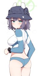 1girl all_fours animal_ears ass blue_archive blue_eyes blue_hat blush breasts bucket_hat closed_mouth dot_mouth fake_animal_ears from_behind green_halo halo hat highres large_breasts official_alternate_costume purple_hair rabbit_ears saki_(blue_archive) saki_(swimsuit)_(blue_archive) short_hair simple_background solo tagyeokgam watch white_background wristwatch