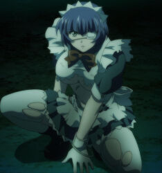 10s 1girl anime_screenshot blue_hair breasts eyepatch gloves green_eyes highres ikkitousen ikkitousen_shuugaku_toushi_keppuu-roku large_breasts mole mole_under_mouth ryomou_shimei solo stitched third-party_edit torn_clothes underboob