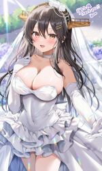 1girl alternate_costume black_hair breasts bridal_veil brown_eyes choker cleavage commission covered_navel dress elbow_gloves flower gloves hair_flower hair_ornament hairclip haruna_(kancolle) headgear highres kantai_collection large_breasts long_hair looking_at_viewer skeb_commission solo strapless strapless_dress thank_you veil wedding_dress white_choker white_gloves yam_(yamap_mako)