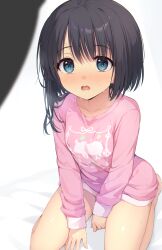 1girl aqua_eyes aroused barefoot between_legs black_hair blurry blush cofetaru collarbone commentary depth_of_field dracu-riot! eyelashes eyes_visible_through_hair hair_between_eyes hair_down hair_over_shoulder hand_between_legs heart heart-shaped_pupils highres kneeling knees_out_of_frame looking_at_viewer medium_hair mera_azusa nose_blush open_mouth pajamas pink_pajamas saliva shiny_skin simple_background sleeves_past_wrists solo straight_hair sweat symbol-shaped_pupils tareme teeth thighs white_background