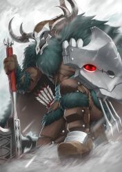 armor axe boots brown_boots brown_mittens coat fur_coat giant helmet holding holding_axe horns kneeling mittens outdoors pixiv_fantasia pixiv_fantasia_revenge_of_the_darkness red_eyes sasebono_mari snowing spiked_boots