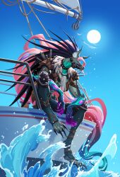 1boy absurdres animal_ears artist_request bird blue_sky boat claws dislyte dog_boy dog_ears furry furry_male highres liam_(xolotl)_(dislyte) male_focus multicolored_hair muzzle_(mask) non-web_source ocean official_art sail sitting sky sun watercraft waves
