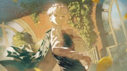 Rule 34 | 1boy, arurandeisu, ascot, brick wall, chair, curtained hair, dress shirt, fagi (kakikaki), falling leaves, highres, holding, holding removed eyewear, holding unworn clothes, holostars, jacket, leaf, looking back, male focus, shirt, sideways glance, solo, suit jacket, unworn eyewear, unworn jacket, upper body, vest, virtual youtuber, white hair