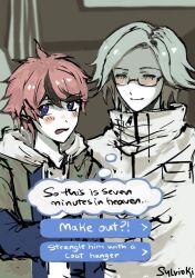 2boys ahoge aotsuki_eito black_hair blue_eyes blush closed_eyes closed_mouth english_text long_sleeves male_focus messy_hair multiple_boys open_mouth parody parody_request red_hair simple_background smile speech_bubble sumino_takumi the_hundred_line_-last_defense_academy- thought_bubble white_hair yaoi