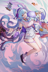 1girl absurdres apron bare_legs blue_hair breasts chinese_commentary commentary_request dated detached_sleeves genshin_impact god_hunter hand_fan highres holding holding_fan legs long_hair maid maid_apron maid_headdress medium_breasts pointy_ears purple_eyes purple_sky sandals sky socks tail white_apron white_socks yae_miko yae_miko_(fox) yumemizuki_mizuki