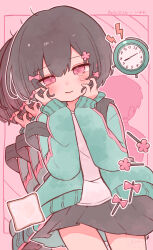 1boy 1girl alarm_clock aqua_jacket backpack bag black_hair bread bread_slice clock commentary_request cowboy_shot floating_clothes flower food hair_flower hair_ornament hairclip hands_on_own_cheeks hands_on_own_face highres jacket kurari-chan_(iyowa) kyu-kurarin_(cevio) ohayo084084 pink_background pink_eyes pink_flower pink_stripes shirt short_hair smile solo_focus tears tears_from_one_eye unworn_hair_ornament unworn_hairclip white_shirt